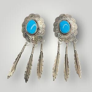 Vintage Sterling Silver Turquoise Dangle Earrings Feather Native Style Clip On